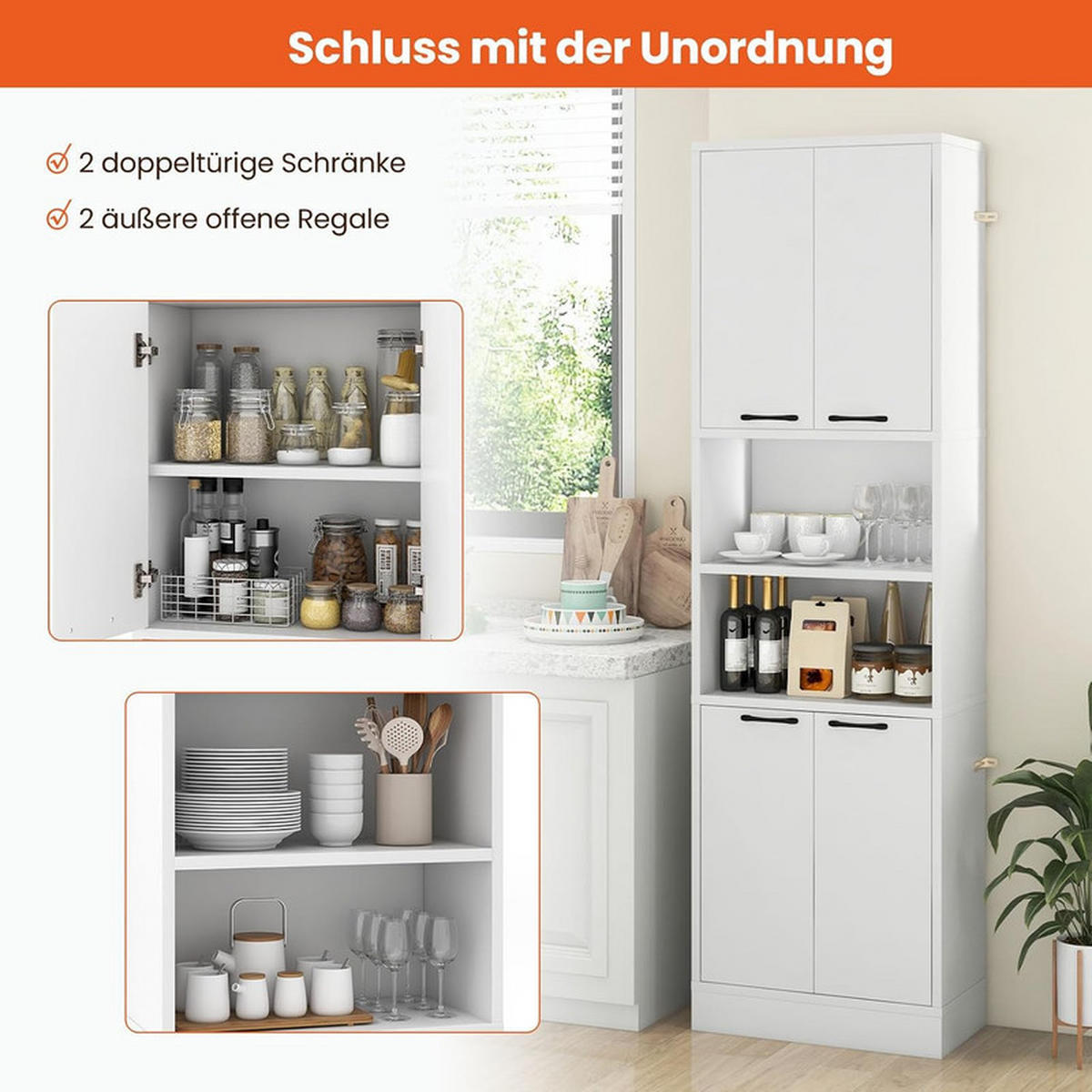 VORRATSSCHRANK mit Türen weiß - Weiß, Holzwerkstoff (56/190/30cm) - COSTWAY