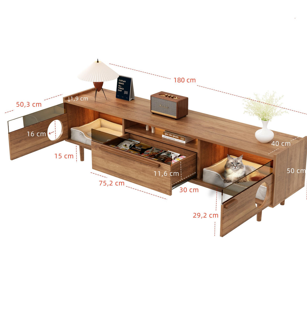 TV-ELEMENT mit LED und Katzenruheraum Holzwerkstoff Nussbaumfarbe - Braun, Holzwerkstoff (40/50/180cm) - Beauniv