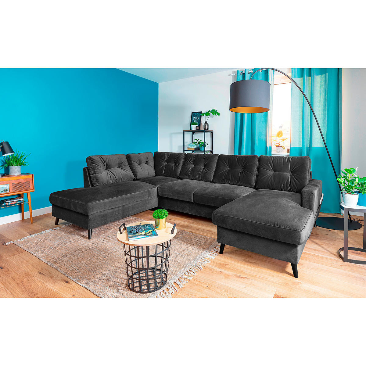 WOHNLANDSCHAFT mit Longchair - Schwarz/Grau, Buchenholz/Textil (297/90/200cm) - home24