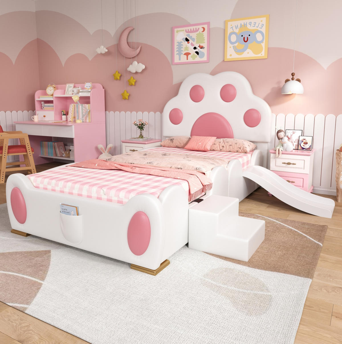 KINDERBETT 90/200 cm weiß und rosa aus PU mit Rutsche und Leiter - Weiß, Kunststoff (90/200cm) - OKWISH