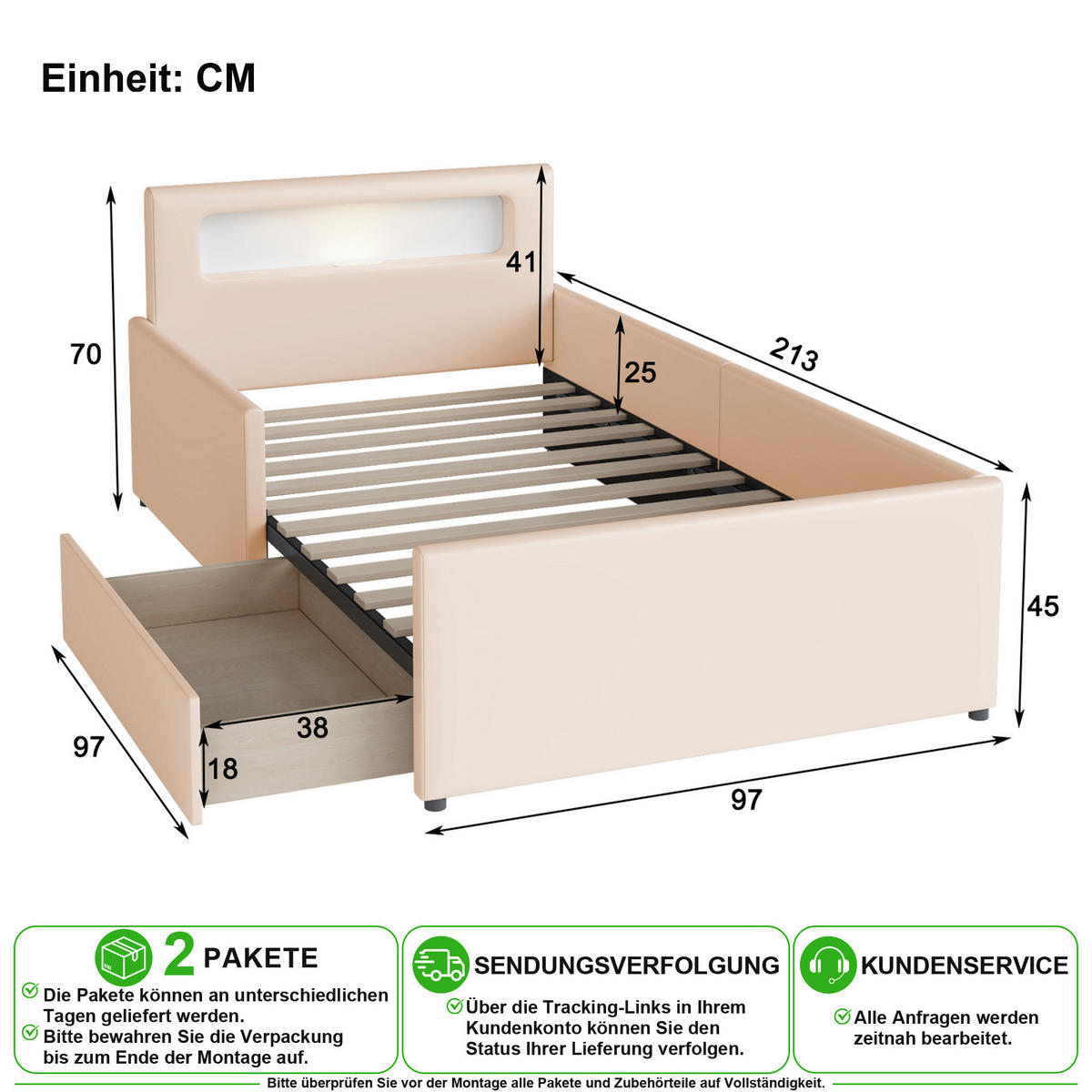 KINDERBETT 90/200 cm in Beige mit LED, USB und Schubladen - Beige, Holzwerkstoff/Textil (90/200cm) - CHICFURN