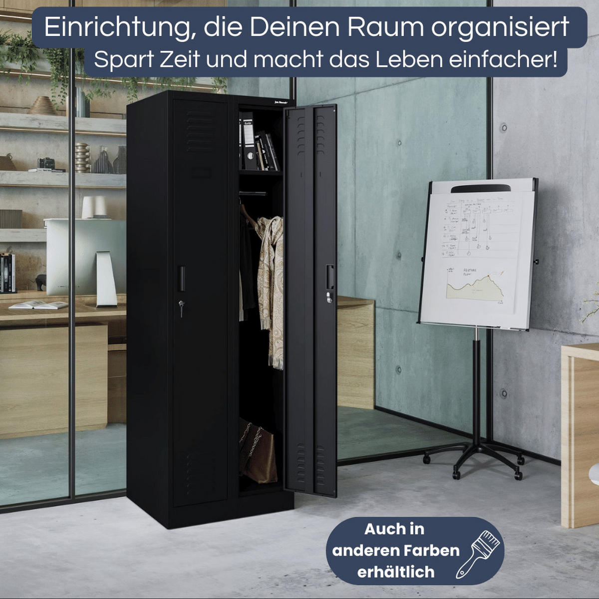 UMKLEIDESCHRANK Spind WIEN 2 Abteile 180x60x50cm Schwarz - Schwarz, Metall (60/180/50cm) - DELUKE