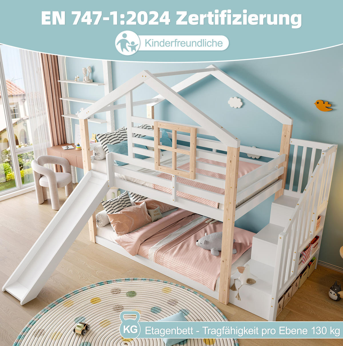 HAUSBETT 90/200 cm Weiß aus Holz mit Rutsche und Treppe mit Stauraum - Weiß, Holz (90/200cm) - Flora Grace