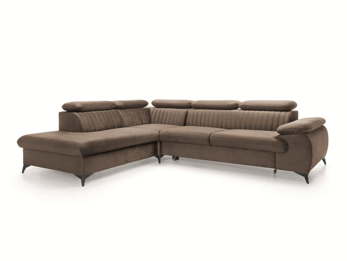 ECKSOFA FIORE Braun Velours-Stoff mit Schlaffunktion - Braun, Holz (275/221cm) - MASSENO