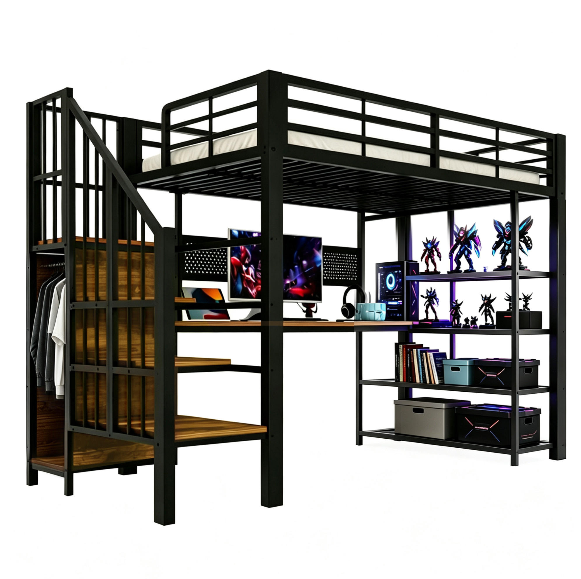 HOCHBETT 90/200 cm aus Metall und Holz mit Treppe Schreibtisch und LED-Beleuchtung Schwarz - Schwarz, Metall (90/200cm) - Modenvie