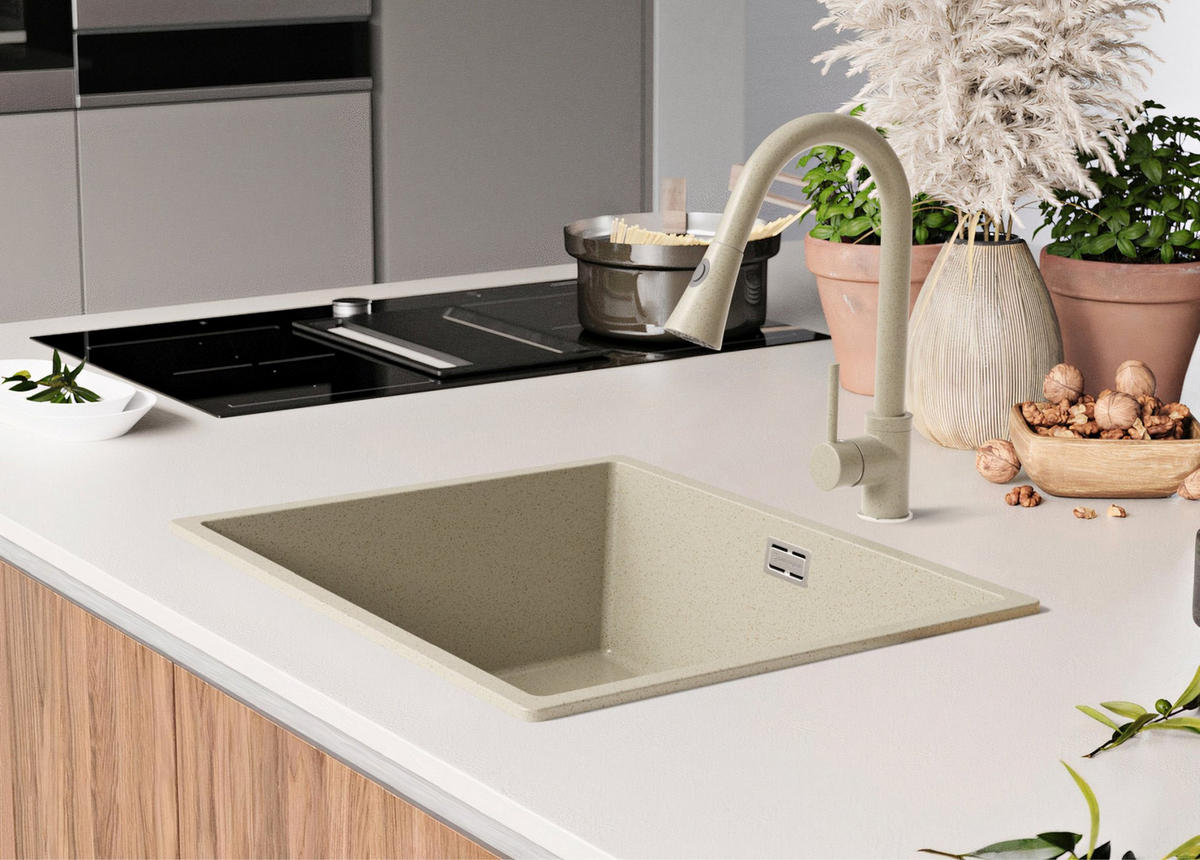 SPÜLBECKEN London Slim, 2-er set Beige 56/47 cm 1 Becken + Ablauf-Set ab 60er Unterschrank - Chromfarben/Beige, Kunststoff (56/20/47cm) - Primagran