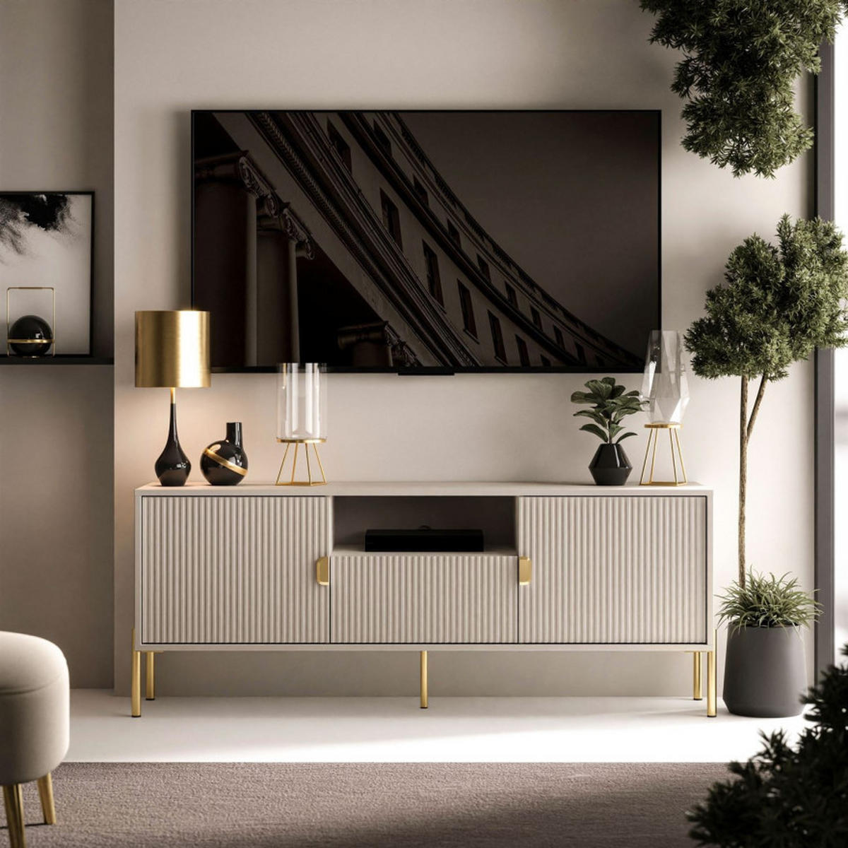 TV Schrank DALIA 155 cm - Kaschmir/Goldfarben, Holzwerkstoff (155/58/40cm) - Lookway