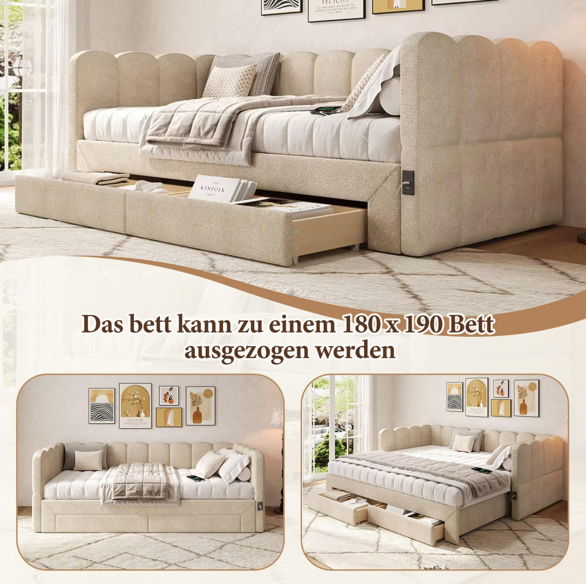 TAGESBETT 90/190 cm mit Ausziehfunktion auf 180/190 cm, 2 Schubladen, USB- und Typ-C-Anschluss, Chenille, Beige - Beige, Textil (90/190cm) - Redom