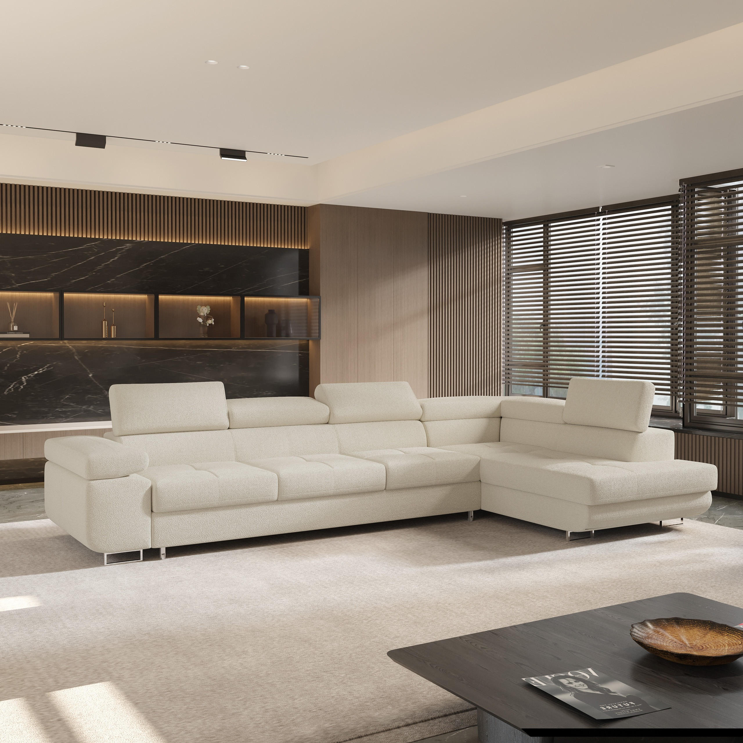 ECKSOFA VICENTE Creme Boucle-Stoff mit Schlaffunktion - Creme, Holz (346/202cm) - MASSENO