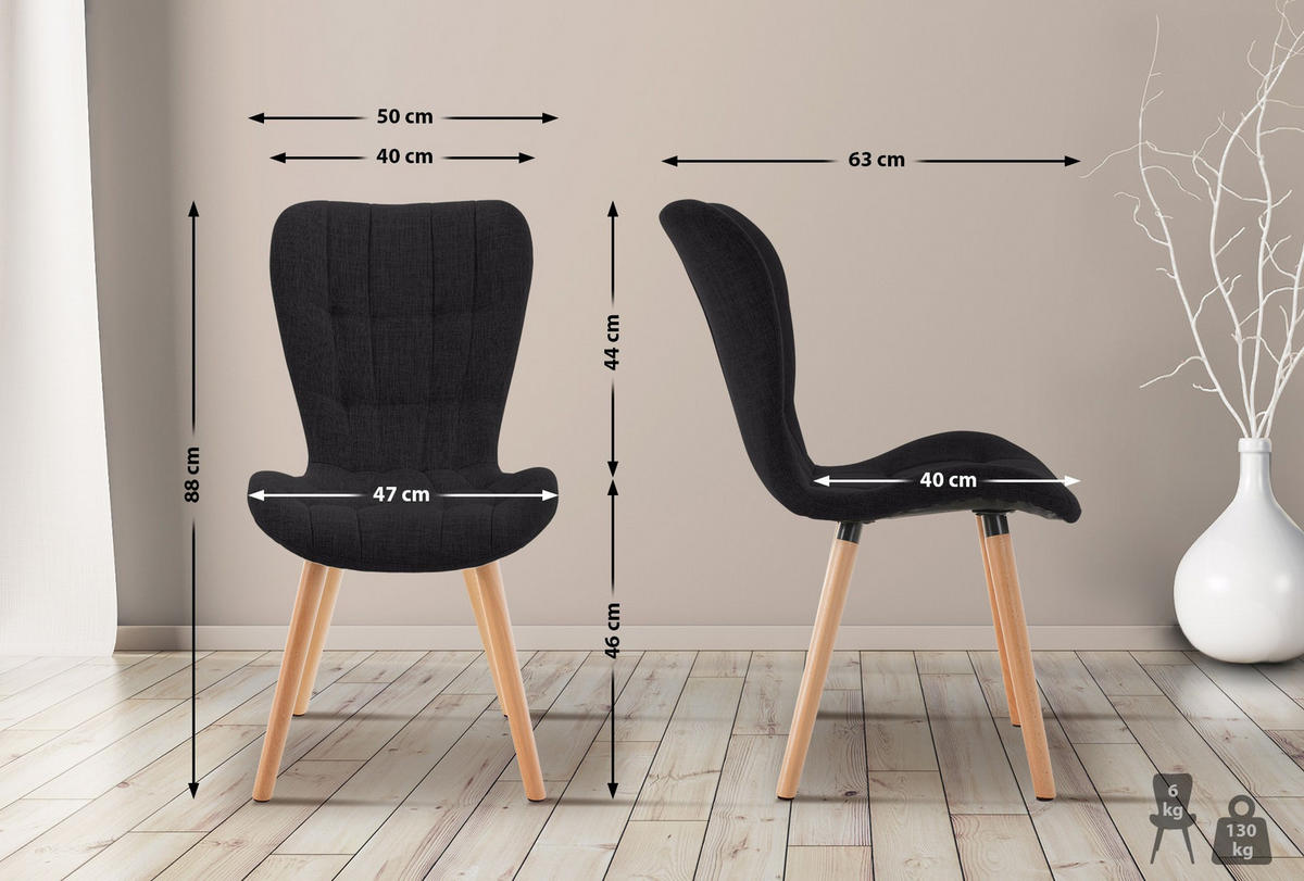 STUHL 2er Set Stoff schwarz - Eukalyptusholzfarben/Schwarz, Holz/Textil (50/88/63cm) - CLP