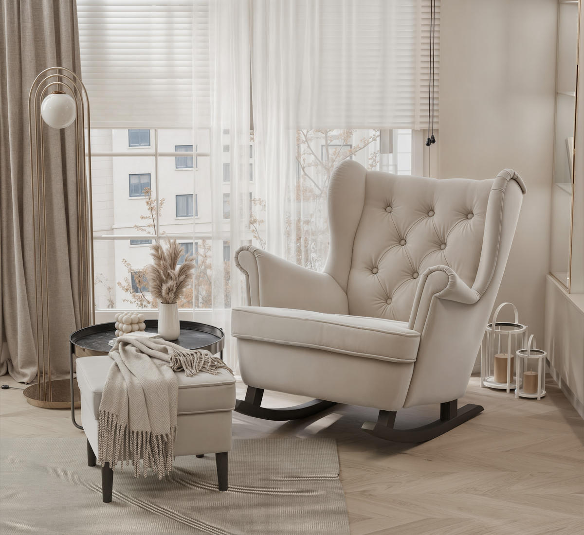 SCHAUKELSESSEL SCANDI Holzfüße, Samt Beige - Beige, Holz/Textil (75/97/60cm) - Idohome