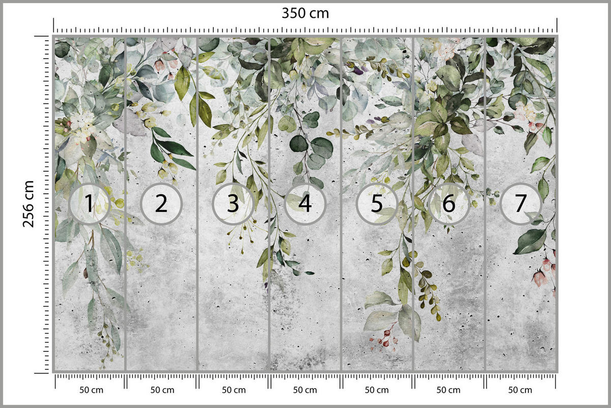 FOTOTAPETE Blätter auf Beton Abstraktion Vintage 350x256 - Grau/Grün, Papier (350/256cm) - Muralo