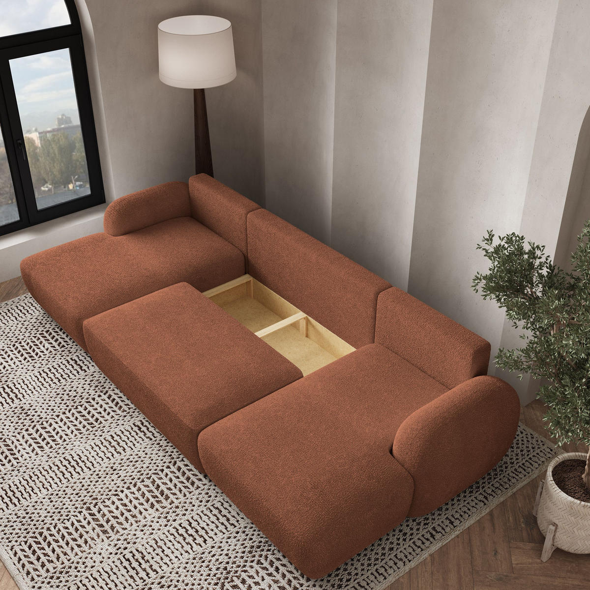 WOHNLANDSCHAFT SAVONA N Orange Boucle-Stoff mit Schlaffunktion - Orange, Holz (320/90/148cm) - MASSENO