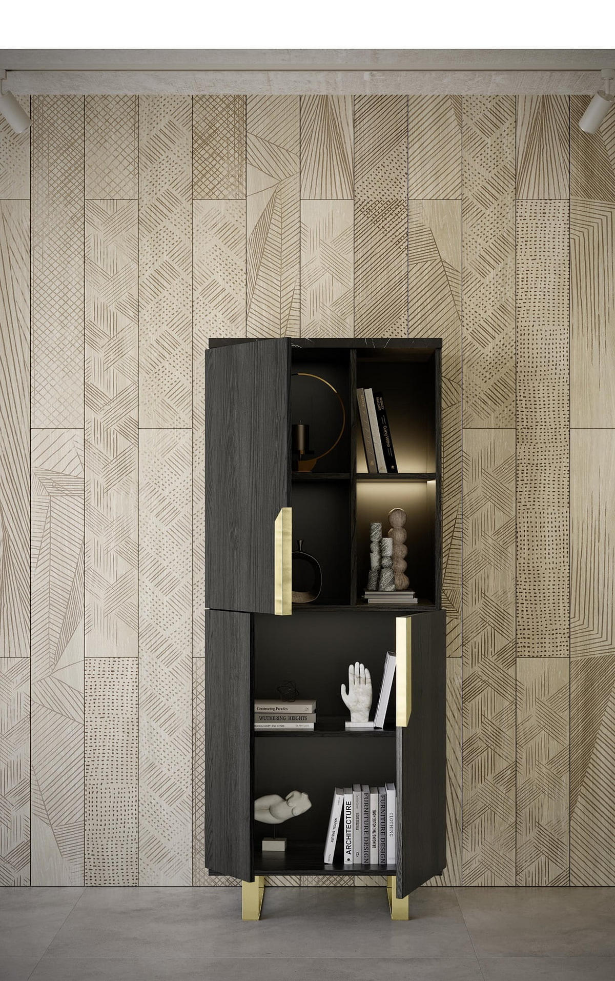 WOHNWAND ORION in Rosenholzoptik mit Marmoroptik 3-tlg. - Goldfarben/Schwarz, Holzwerkstoff/Metall (285/181/49cm) - Interdesign24