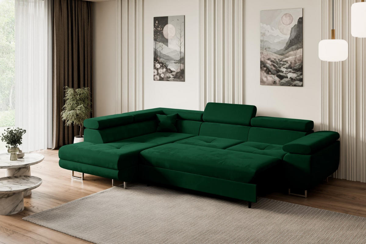 ECKSOFA mit Schlaffunktion und Bettkasten GUSA-L 272x202x107 cm Grün Velours - Silberfarben/Grün, Holzwerkstoff/Textil (202/272cm) - ALTDECOR