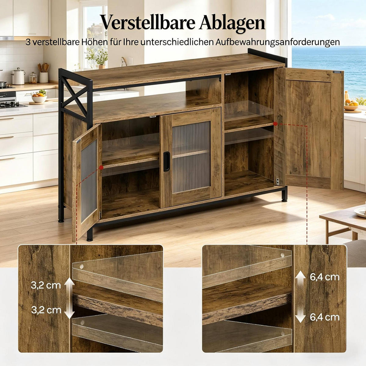 SIDEBOARD aus Holzwerkstoff und Metall 110x33x75 cm Braun mit offenem Fach und Türen - Braun, Holzwerkstoff (110/75/33cm) - IVMEU