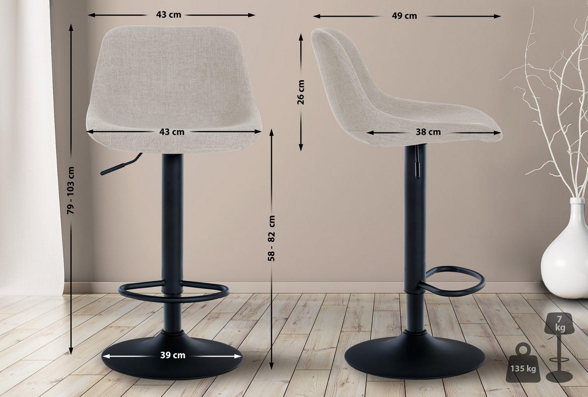 BARHOCKER 2er Set Stoff creme - Creme/Schwarz, Textil/Metall (43/79/49cm) - CLP
