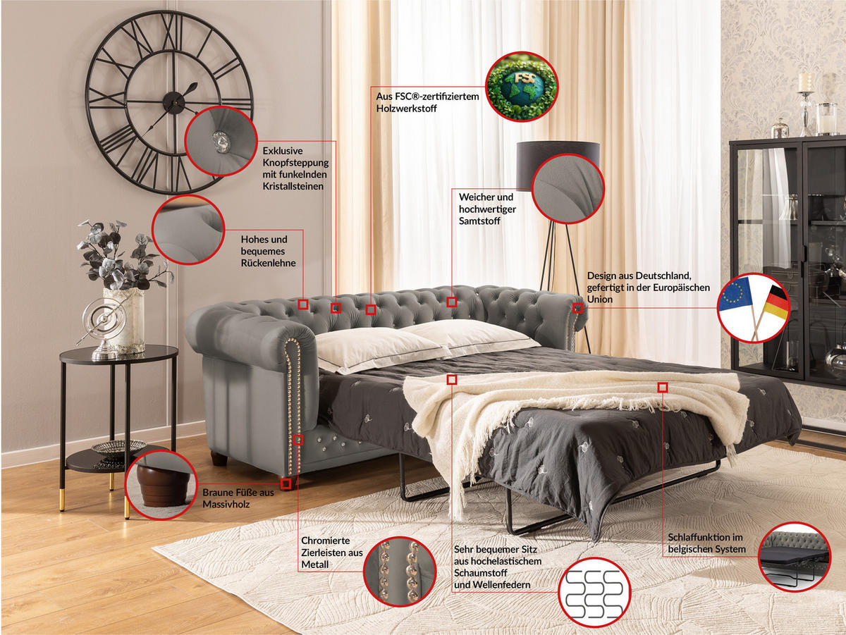 CHESTERFIELD-SOFA 3-Sitzer mit Schlaffunktion Cleo Blink Grau Samt mit Kristallsteppung und braunen Massivholzfüßen - Braun/Grau, Holz/Textil (203/72/86cm) - S-Style Möbel