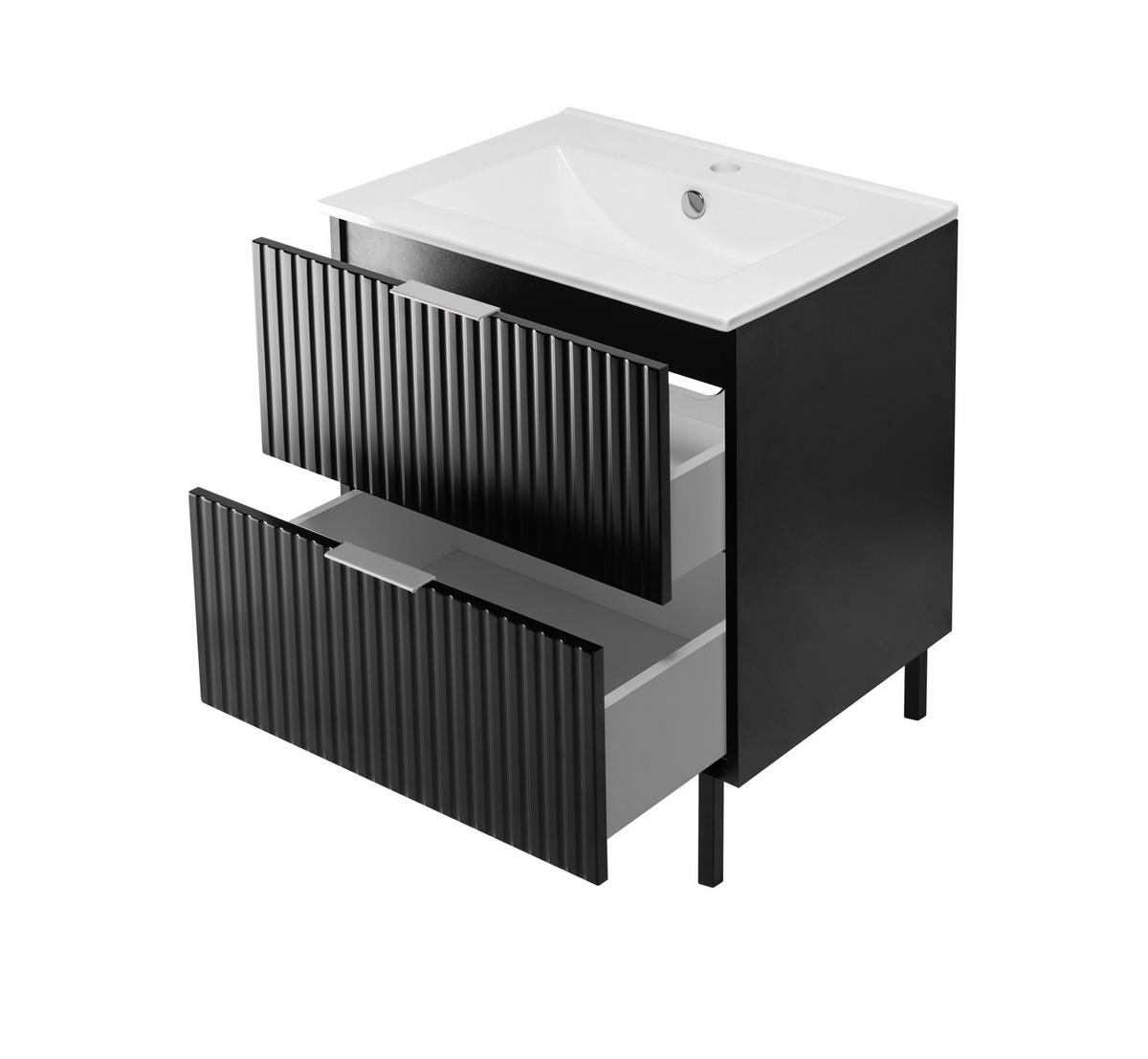 WASCHBECKUNTERSCHRANK, Schwarz, 60 x 77 x 46 cm, silberner Griff, schwarze Beine, ohne Arbeitsplatte - Silberfarben/Schwarz, Holzwerkstoff (60/77/46cm) - 3XE LIVING