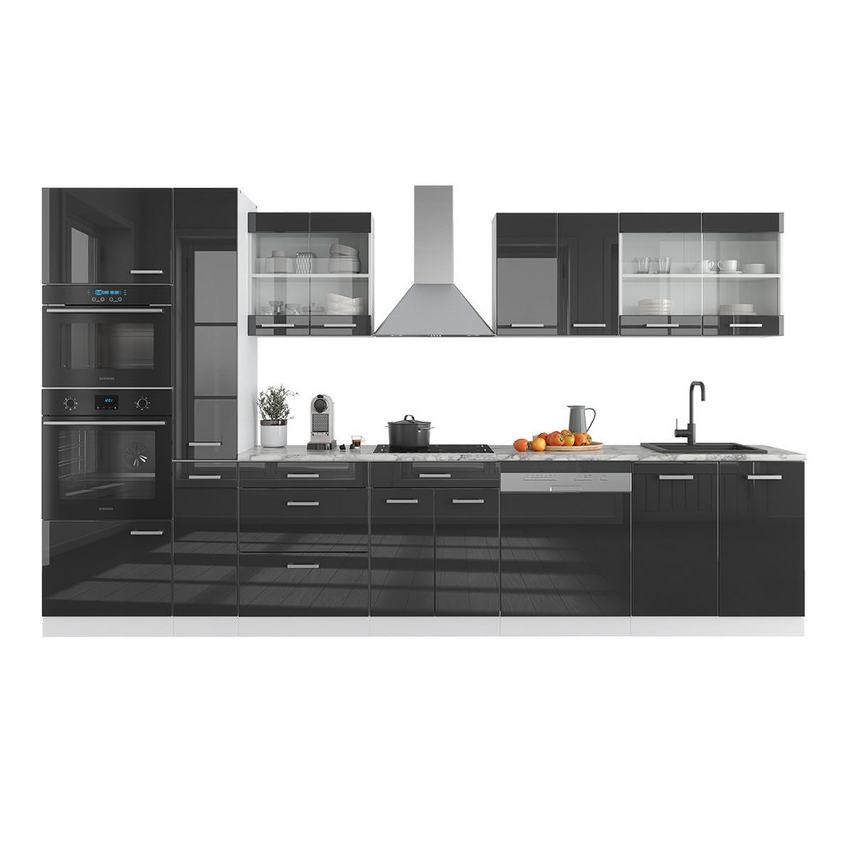 KÜCHENZEILE R-Line Anthrazit Hochglanz/Weiß 350 cm mit Hochschrank AP Marmor - Anthrazit/Weiß, Holzwerkstoff (350/81.6/60cm) - Vicco