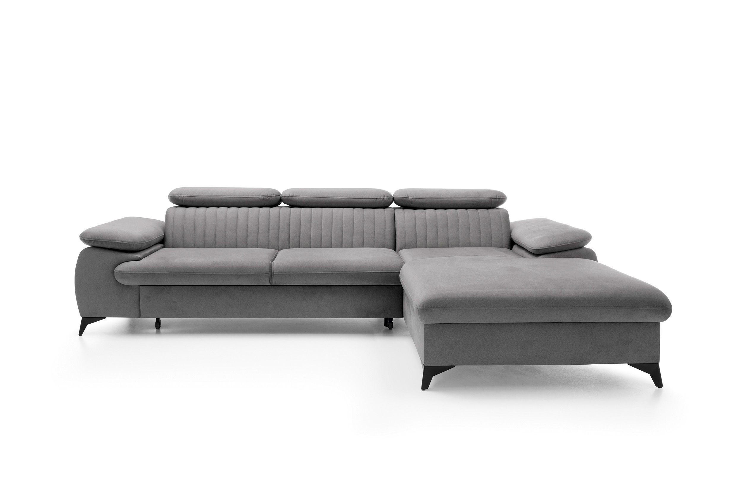 ECKSOFA FIORE Grau Velours-Stoff mit Schlaffunktion - Grau, Holz (280/193cm) - MASSENO