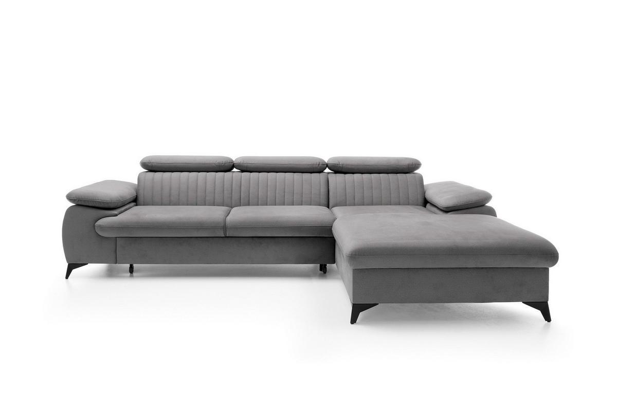 ECKSOFA FIORE Grau Velours-Stoff mit Schlaffunktion - Grau, Holz (280/193cm) - MASSENO
