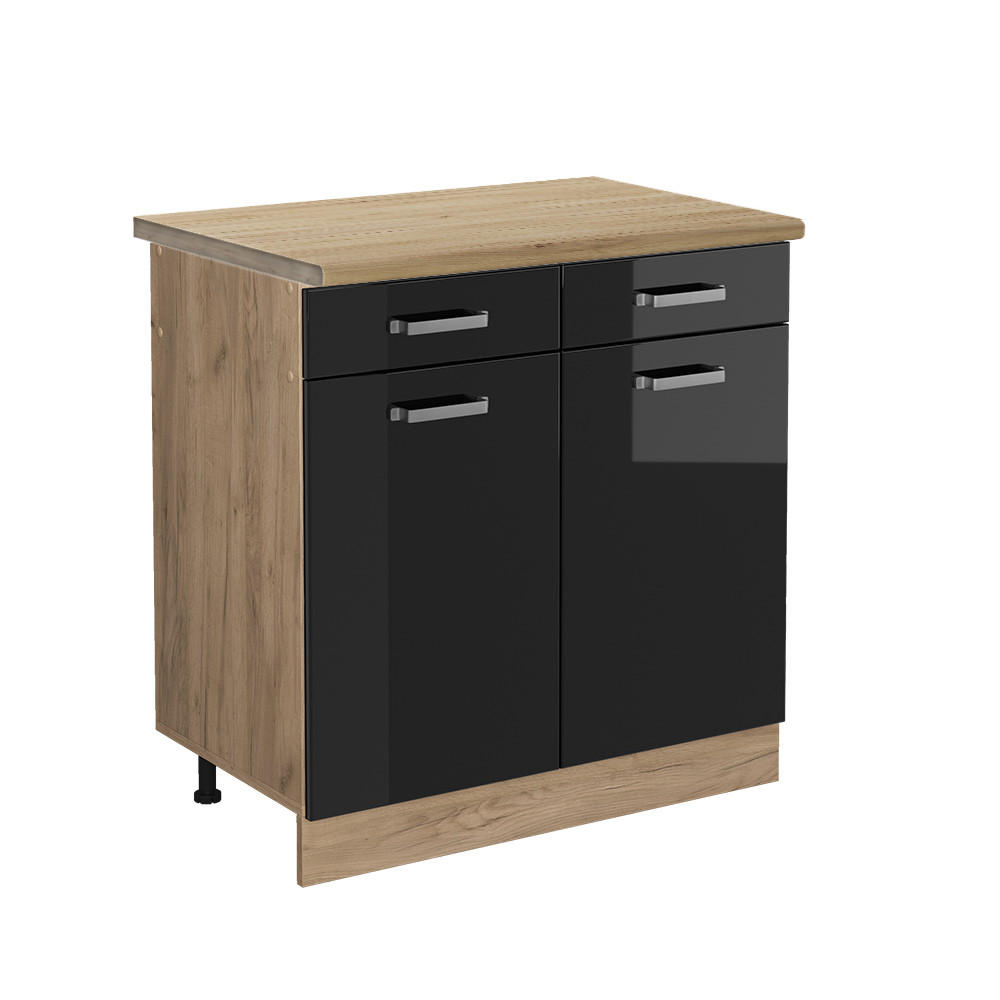KÜCHENUNTERSCHRANK R-Line Schwarz Hochglanz 80 cm, AP Eiche - Honigeiche/Schwarz Hochglanz, Holzwerkstoff (80/81.6/60cm) - Vicco