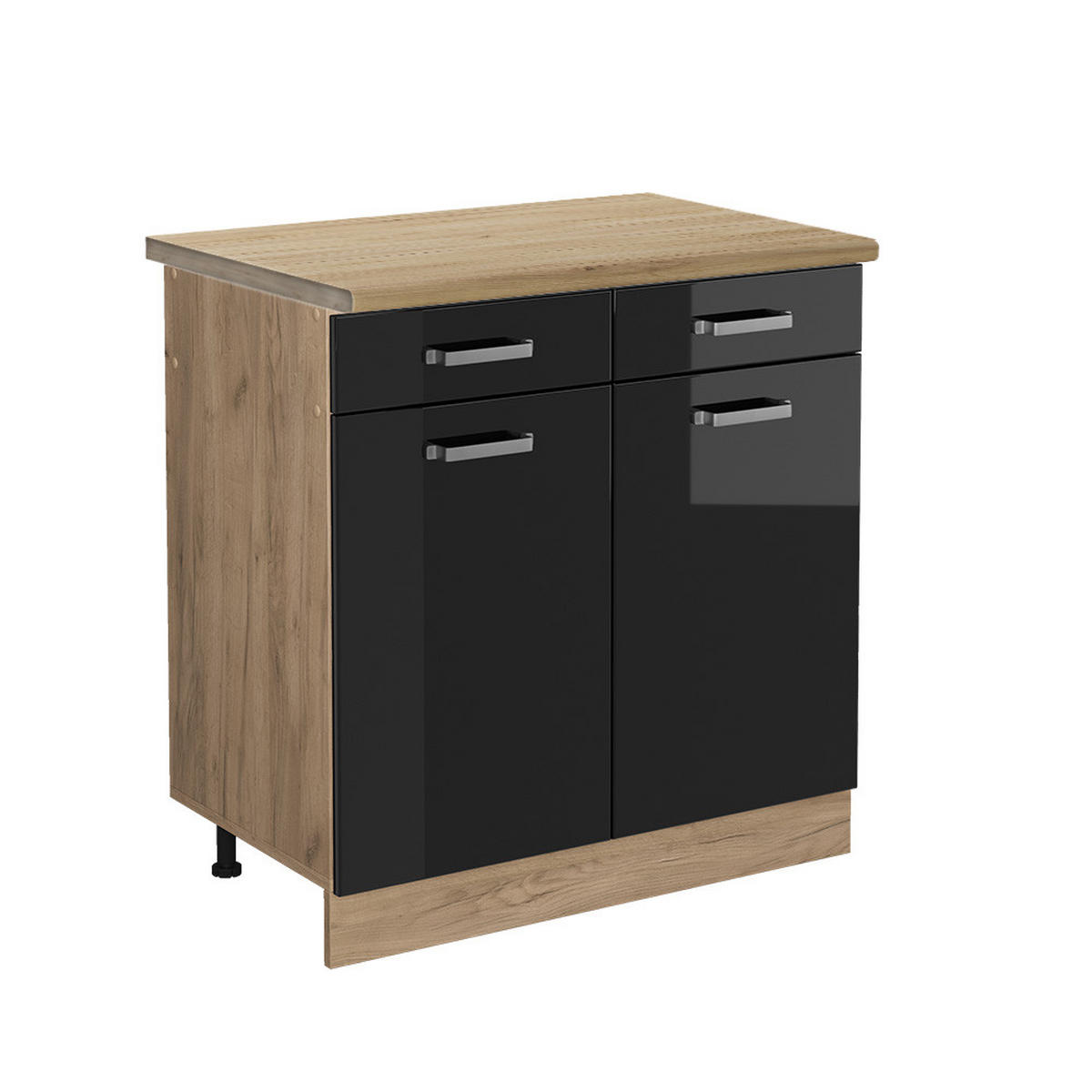 KÜCHENUNTERSCHRANK R-Line Schwarz Hochglanz 80 cm, AP Eiche - Honigeiche/Schwarz Hochglanz, Holzwerkstoff (80/81.6/60cm) - Vicco