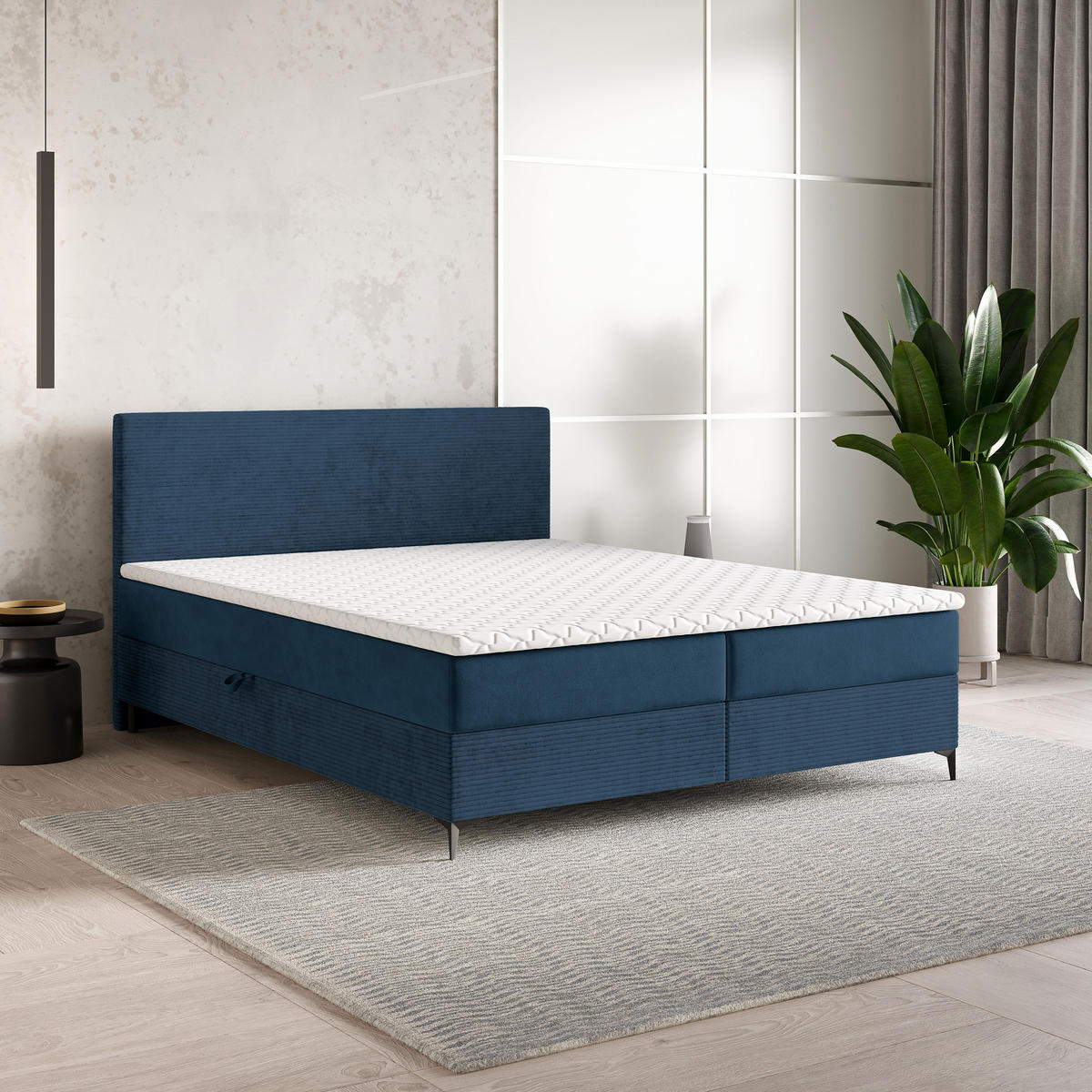 BOXBETT TORREL 160x200 cm mit Matratze und Topper - Blau - Blau, Holz (160/200cm) - MASSENO