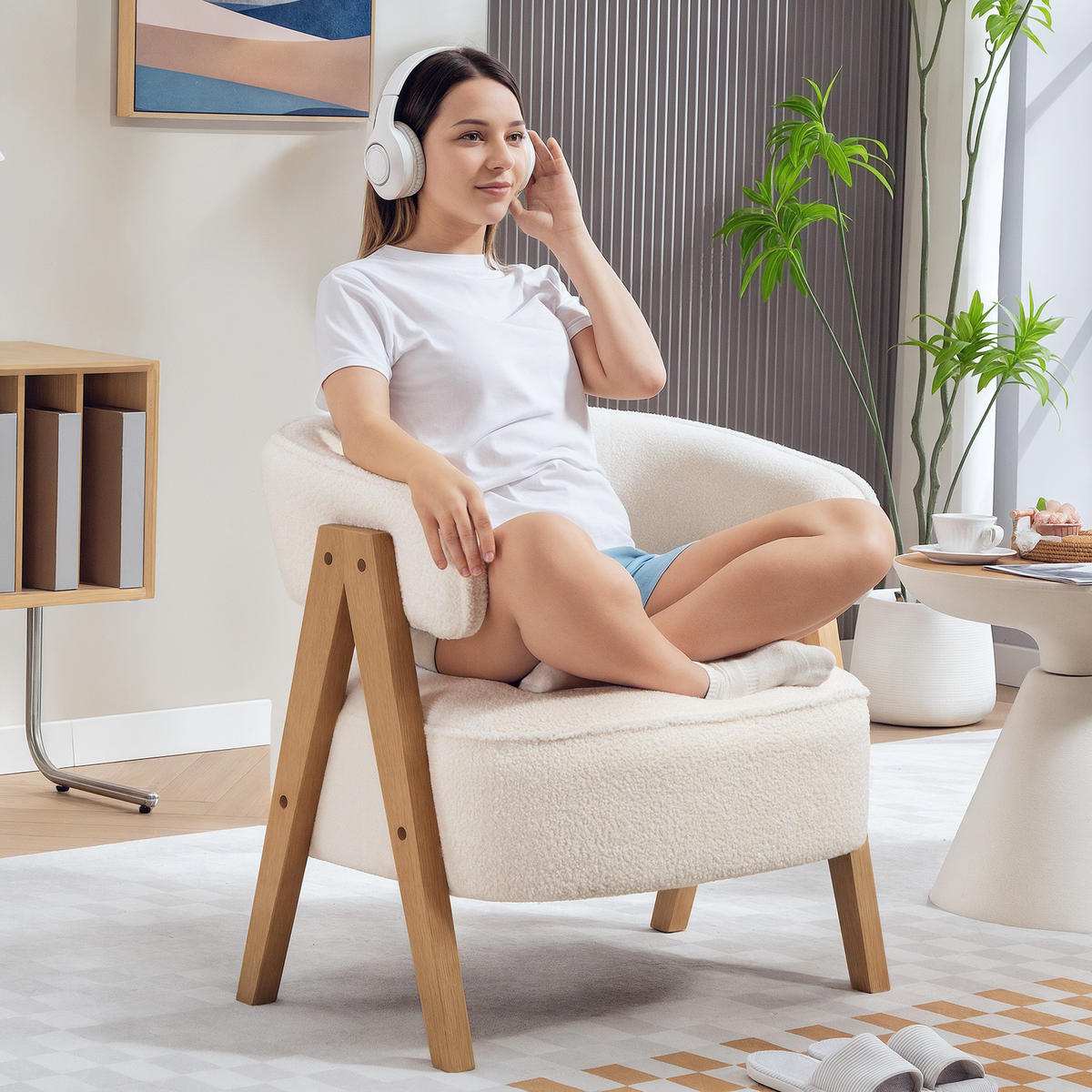 SESSEL gepolsterter Loungesessel mit Armlehnen, Fleece-Optik, Weiß - Weiß/Naturfarben, Holz/Textil (64/71/70cm) - HOMCOM