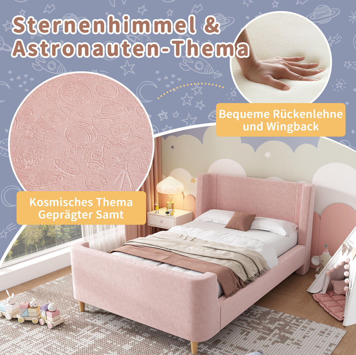 KINDERBETT aus Samt 90x200 cm Rosa mit Weltraummuster und Lattenrost - Rosa, Textil (90/200cm) - IVMEU