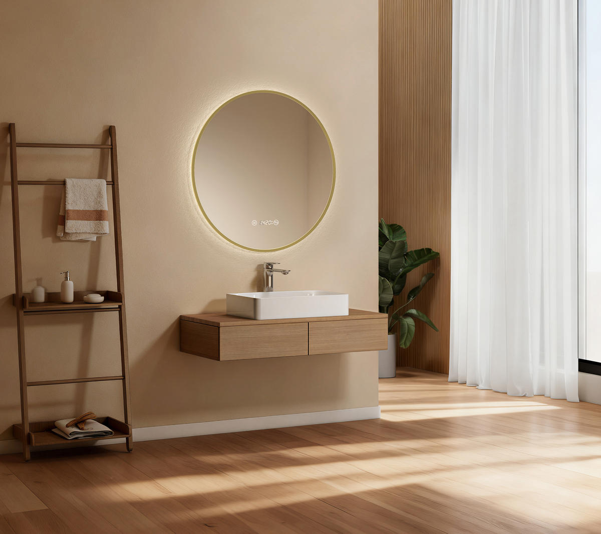 BADSPIEGEL mit LED-Beleuchtung Anti-Beschlag Zeitanzeige Goldfarben Ø 80 cm - Goldfarben, Glas (80/80/3cm) - EMKE