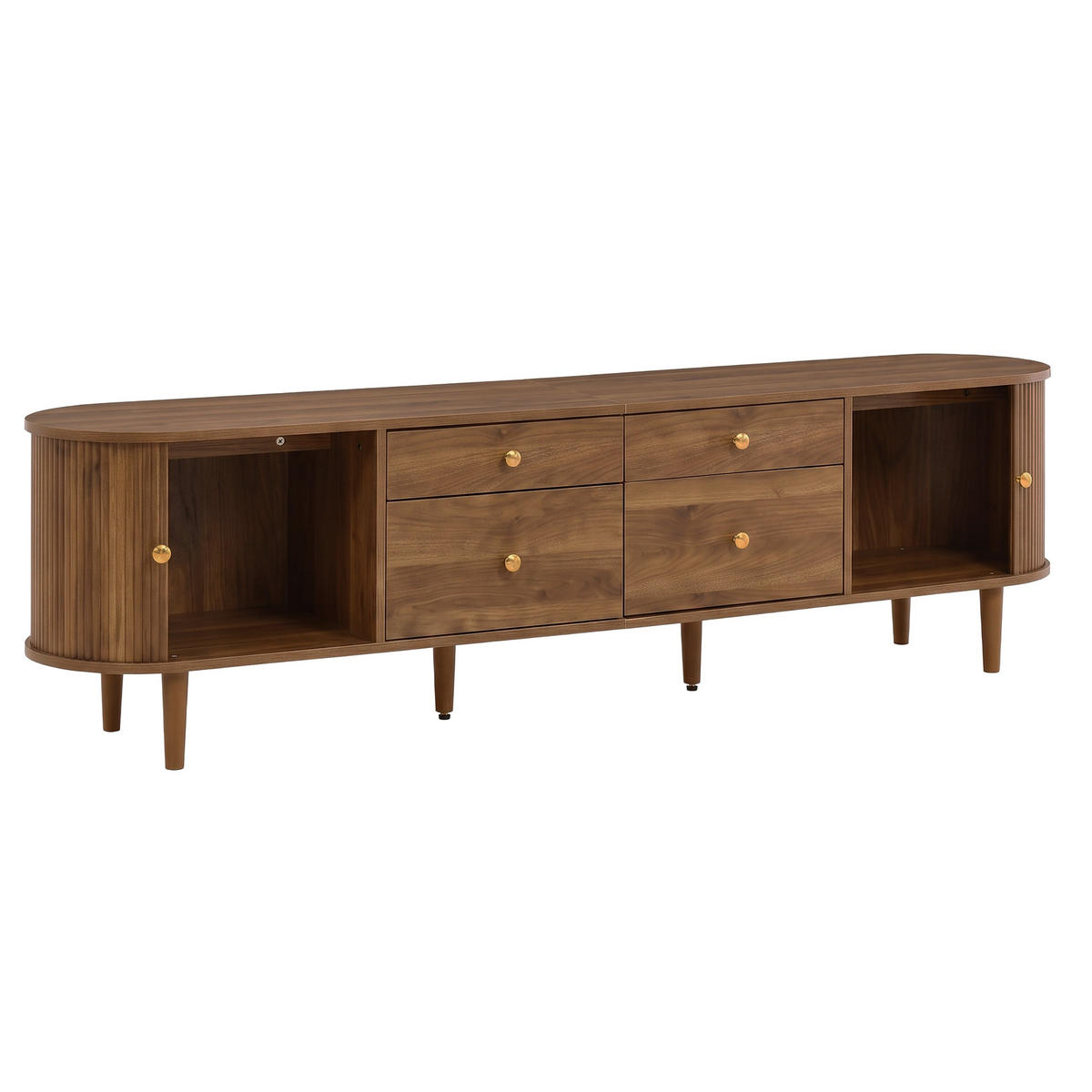 TV-LOWBOARD 180 cm, Schiebetüren, 4 Schubladen, 3D-Wellenfront, Holzfüße, Walnuss - Walnussfarben, Holzwerkstoff (180/50/35cm)