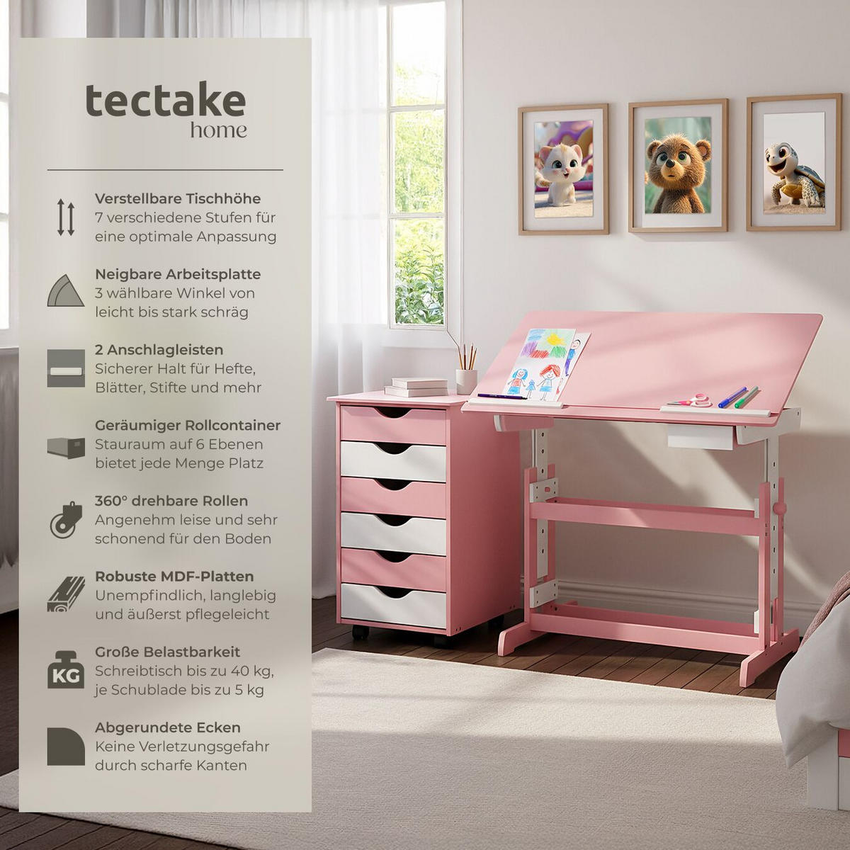 SCHREIBTISCH ,pflegeleicht,rosa - Rosa, Holz (55/94/109cm) - tectake