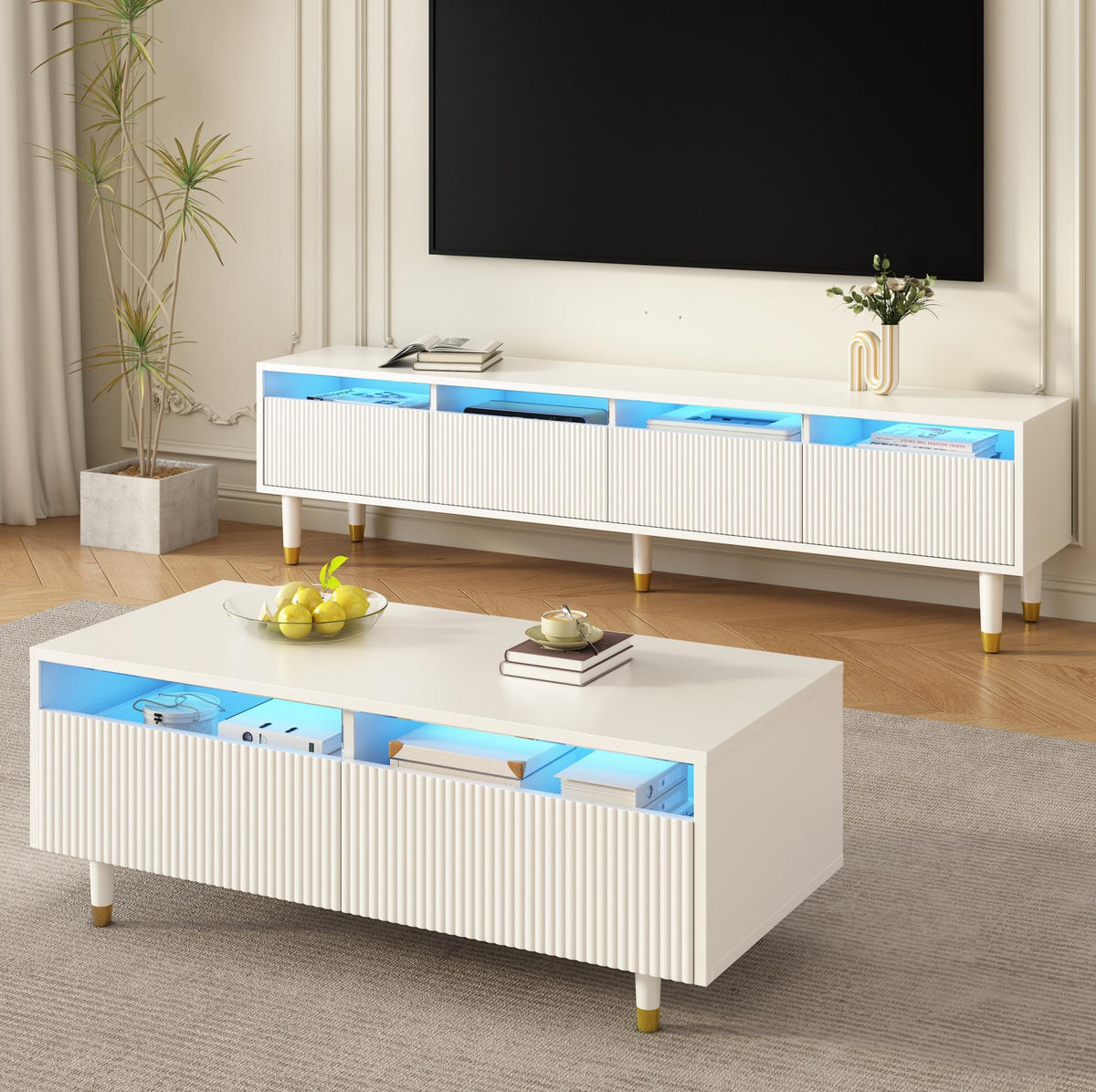TV-ELEMENT-SET Weiß mit LED-Beleuchtung, 178/35/45 cm und Couchtisch 110/50/40 cm - Weiß, Holzwerkstoff (178/45/35cm) - Flora Grace