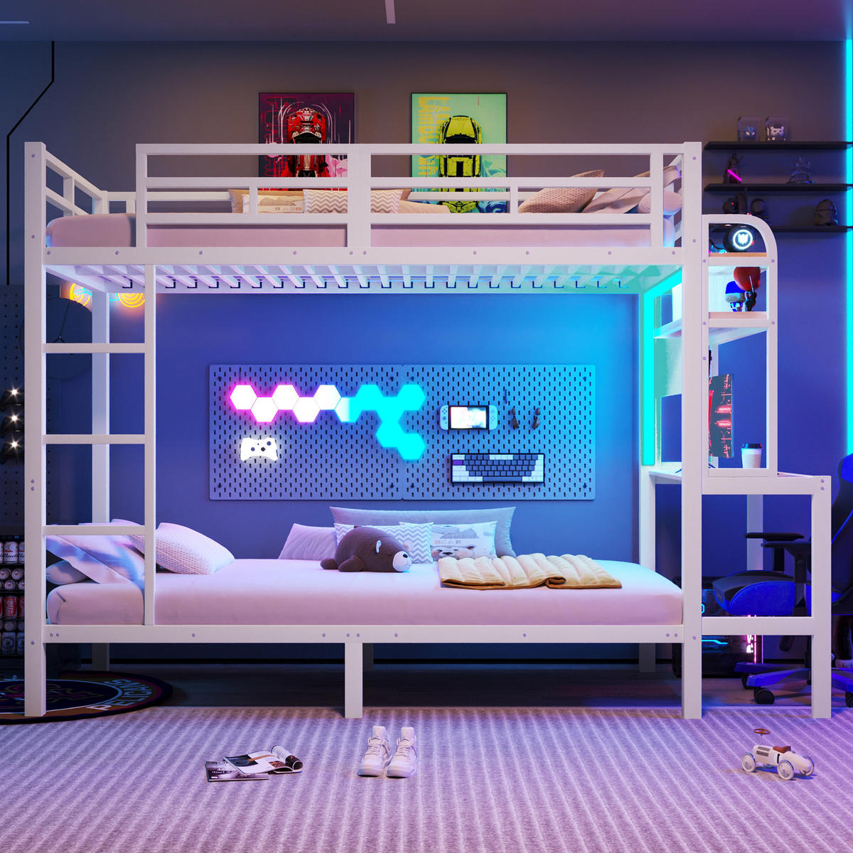 ETAGENBETT 90/200 cm in Weiß mit Schreibtisch, Regal, LED und USB Metall Kinderbett - Weiß, Holzwerkstoff/Metall (90/200cm) - STILVORA