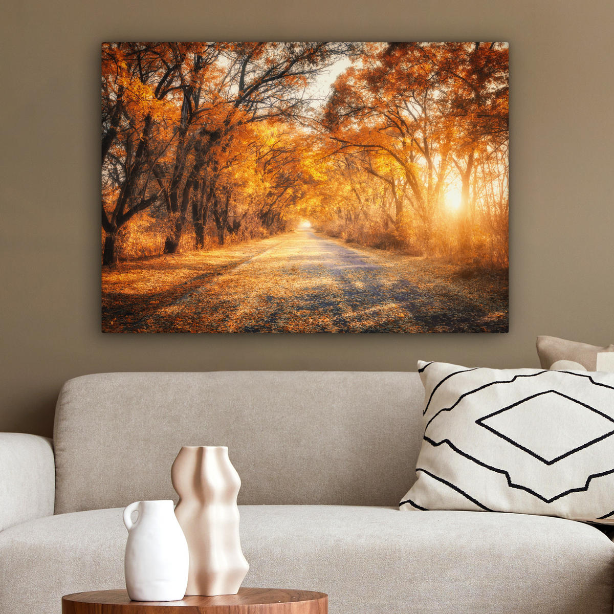 LEINWANDBILD Wald - Herbst - Bäume - Waldweg - Natur Wandbilder 80x60 cm - Bernsteinfarben, Textil (80/60cm) - MuchoWow