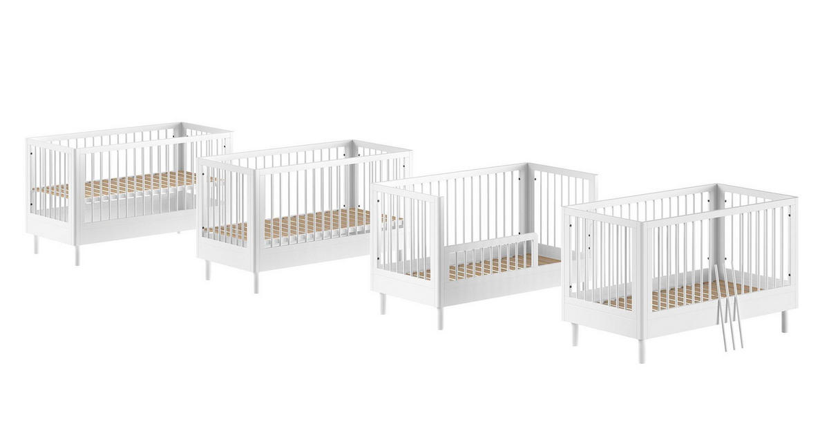 BABYBETT 70x140 Keeley Buche Weiß Holz Umbaubar Komfort Stabil - Weiß, Holz (70/140cm) - 58aufmkessel