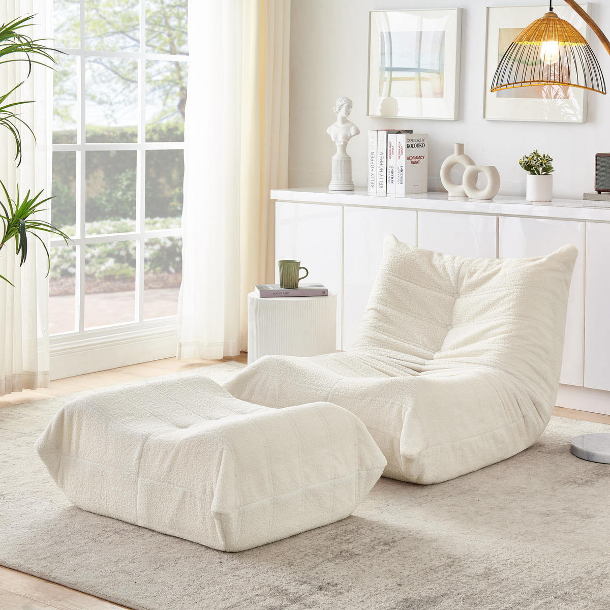 SITZSACK Teddystoff Beige mit Hocker - Beige, Textil (100/70/90cm) - WISHDOR
