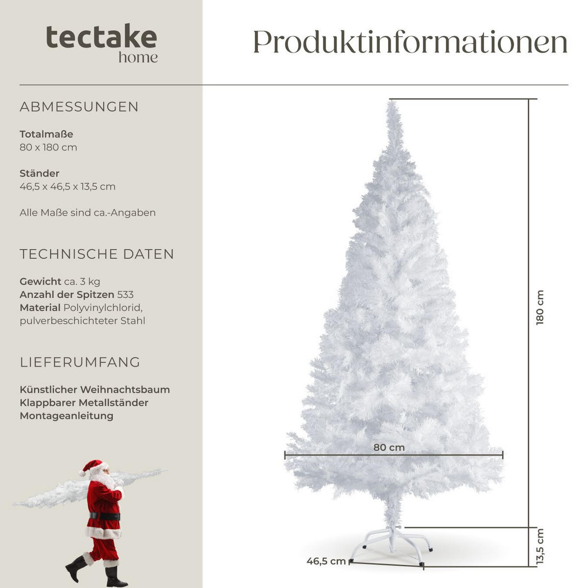 WEIHNACHTSBAUM ,inklusive Metallständer mit Kunststoffkappen,weiß - Weiß, Kunststoff (180cm) - tectake