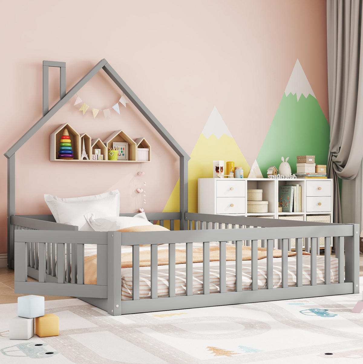 KINDERBETT 140/200 cm mit Schornsteinform, Sicherheitsgitter und Lattenrost, Kiefer /MDF, Grau - Grau, Holzwerkstoff (140/200cm) - Redom