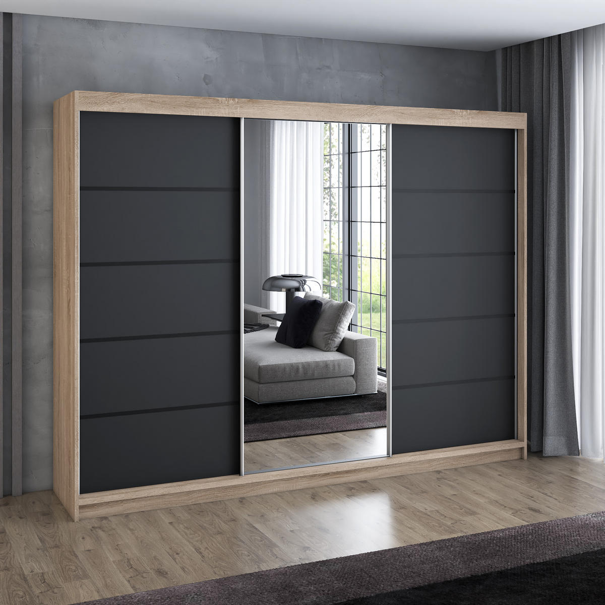 SCHWEBETÜRENSCHRANK 200 cm VILANO 2 Farbe: Sonoma,Schwarz - Schwarz/Braun, Holzwerkstoff (200/215/59.5cm) - A&J MöbelLand