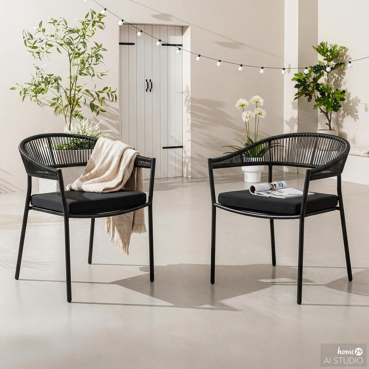 STAPELSTUHL - 2er-Set - Stahl / Polyrattan - Schwarz - Schwarz, Naturmaterialen/Textil (55/76/58cm) - home24