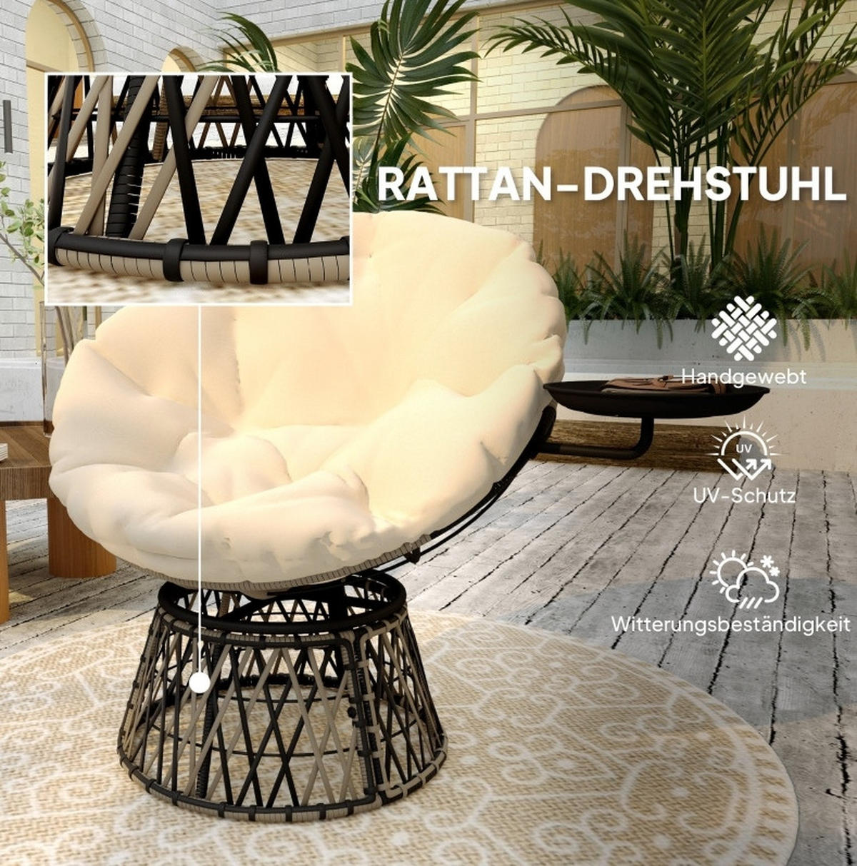RATTANSESSEL 118/76/88 cm mit 360°-Drehfunktion und Seitentablett, Beige - Beige, Metall (118/88/76cm) - Redom