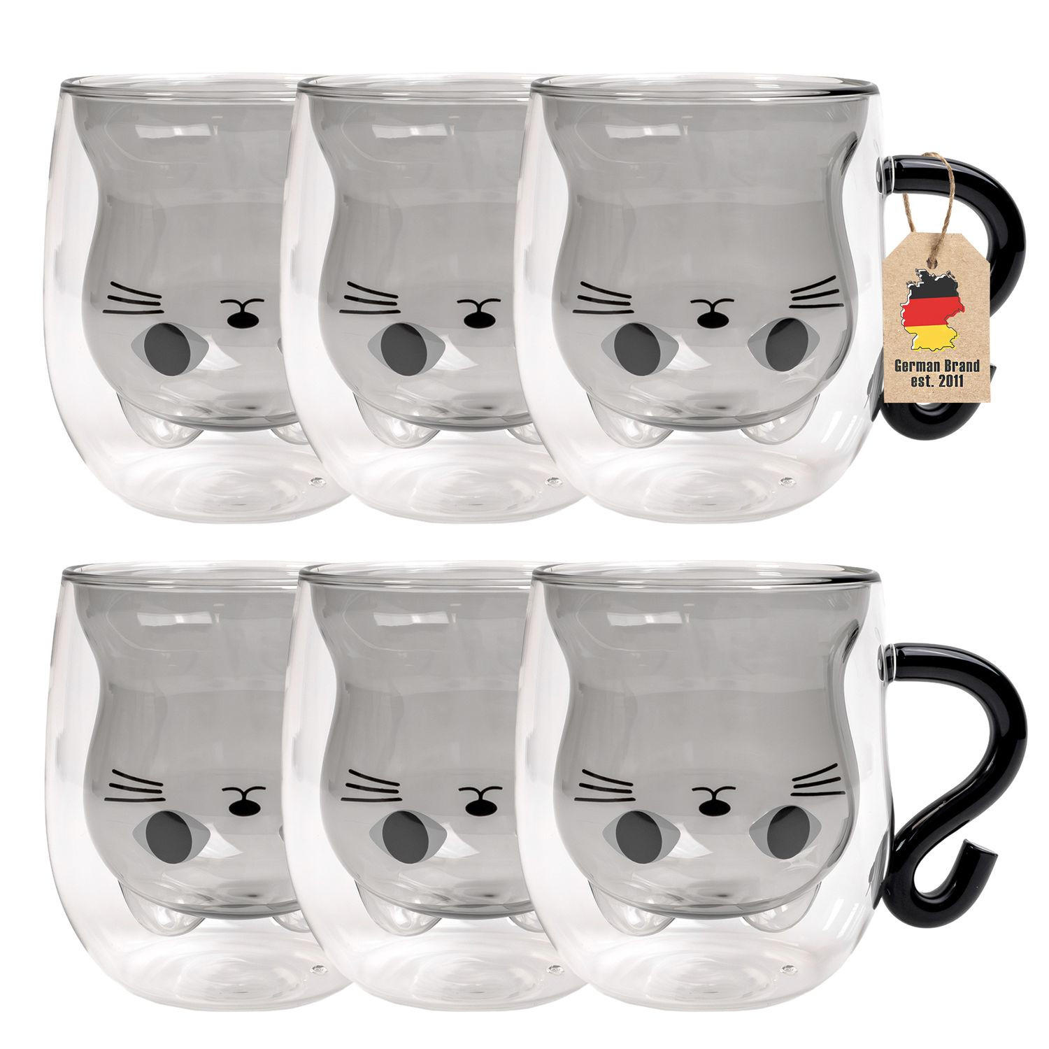 THERMO GLÄSER Design Katze 200ml (6-tlg.) - Schwarz, Glas - Intirilife