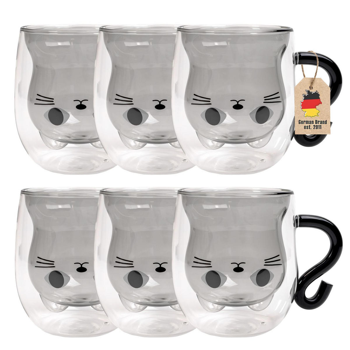 THERMO GLÄSER Design Katze 200ml (6-tlg.) - Schwarz, Glas - Intirilife