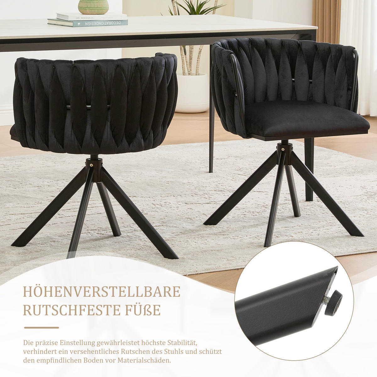 ARMLEHNSTUHL(SET à 2 Stück) - Metallgestell, ergonomisches Design und hochwertiger Velours - Schwarz - Schwarz, Textil/Metall (50/70/56cm) - KOMHTOM