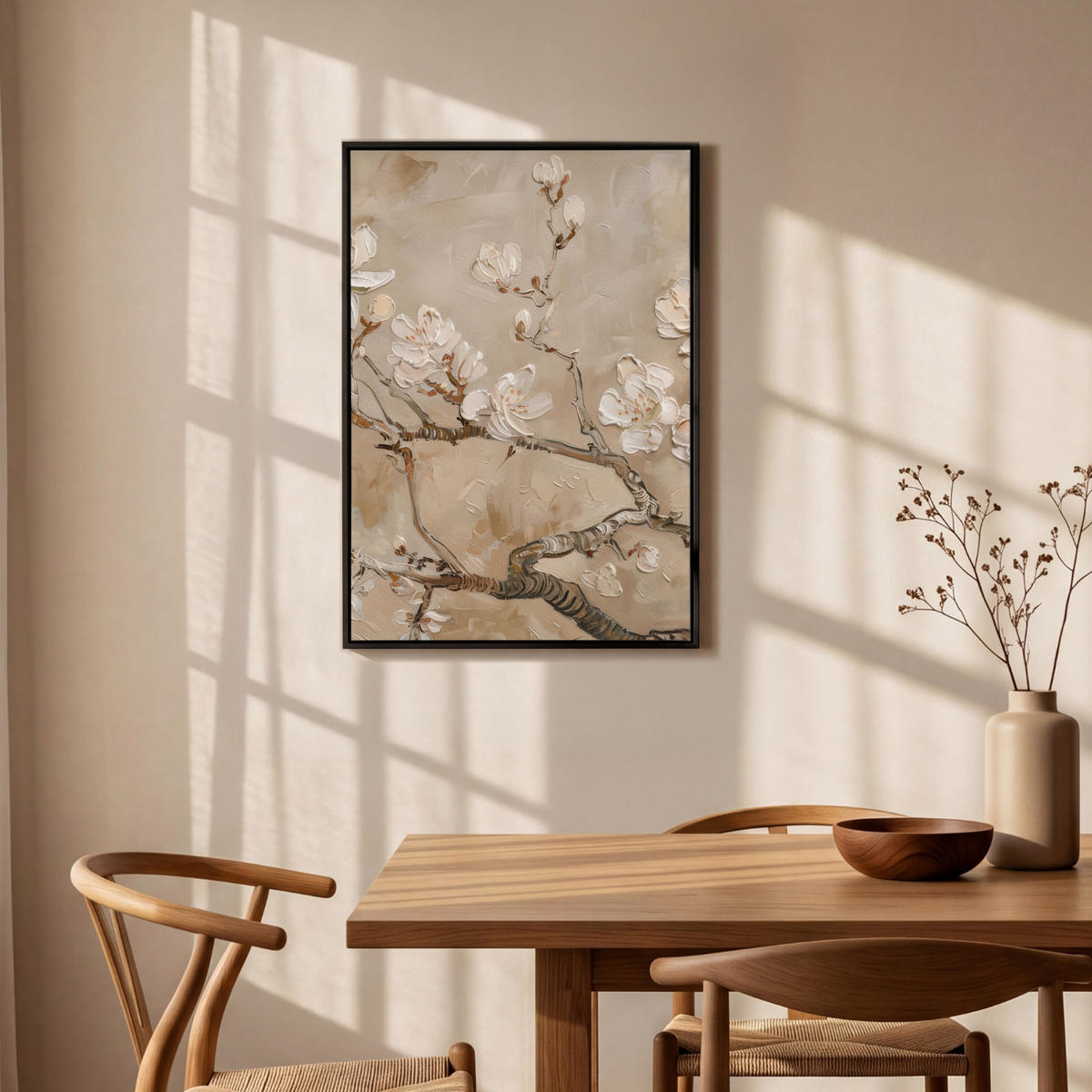 LEINWAND Bilder mit Rahmen - Blumen - Modern - Beige - Weiß - Blüte - 60x90 - Beige, Textil (60/90cm) - MuchoWow