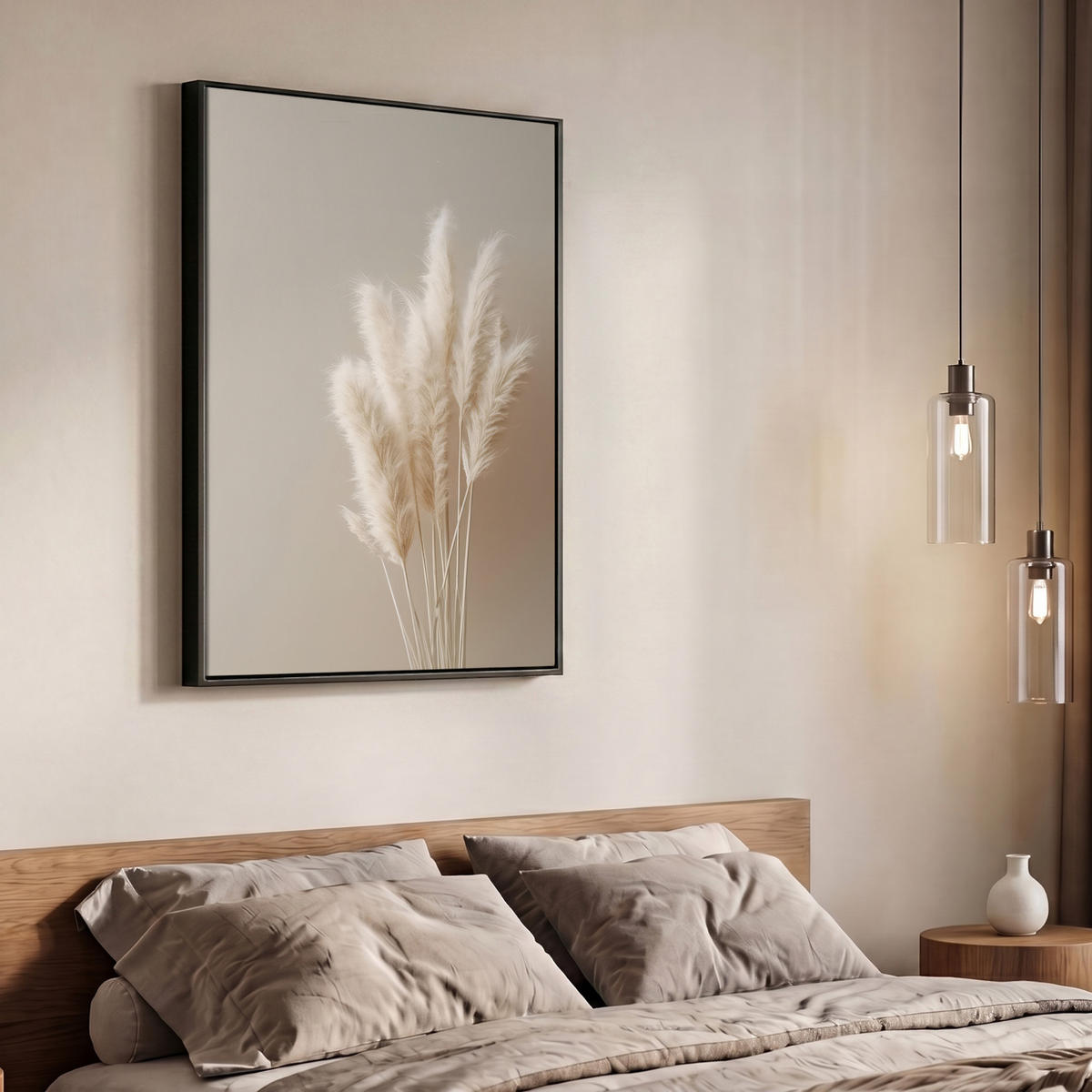 LEINWAND Bilder mit Rahmen - Pampasgras - Federn - Pastell - Weiß - 70x100 - Naturfarben, Textil (70/100cm) - MuchoWow