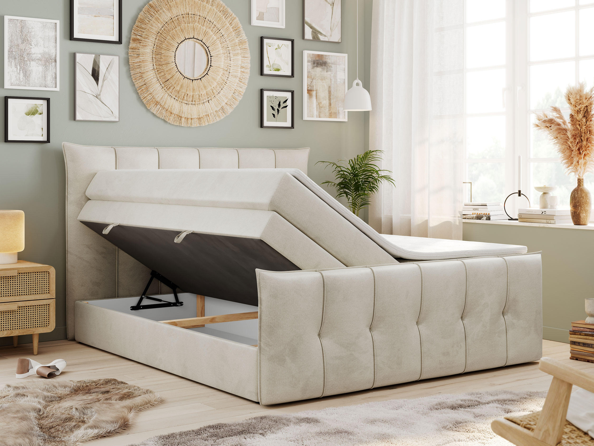 Thumbnail - MKS Boxspringbett, Beige, Textil, 2-Sitzer, H4, Rechteckig, 200x200 cm, Schlafzimmer, Betten, Boxspringbetten